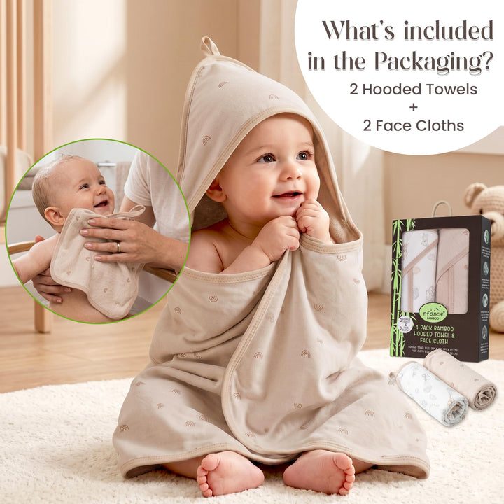 Organic Hooded Baby Towels with Washcloths – 2 Hooded Towel (28x28 inches) & 2 Washcloth (10x10 inches) – Ultra Soft, Absorbent & Cozy Cotton Bath Towels for Newborns and Infants