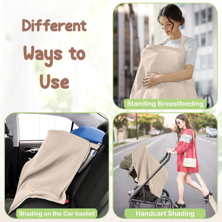 100% Organic Cotton Nursing Cover & Shawl - 43 x 28 Inch Breathable Muslin Breastfeeding Nursing Apron Cover with Arch Neckline for Mothers, Multi-use Carseat Canopy