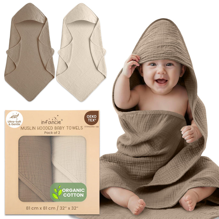 Infancie Organic Cotton Muslin Baby Hooded Towels