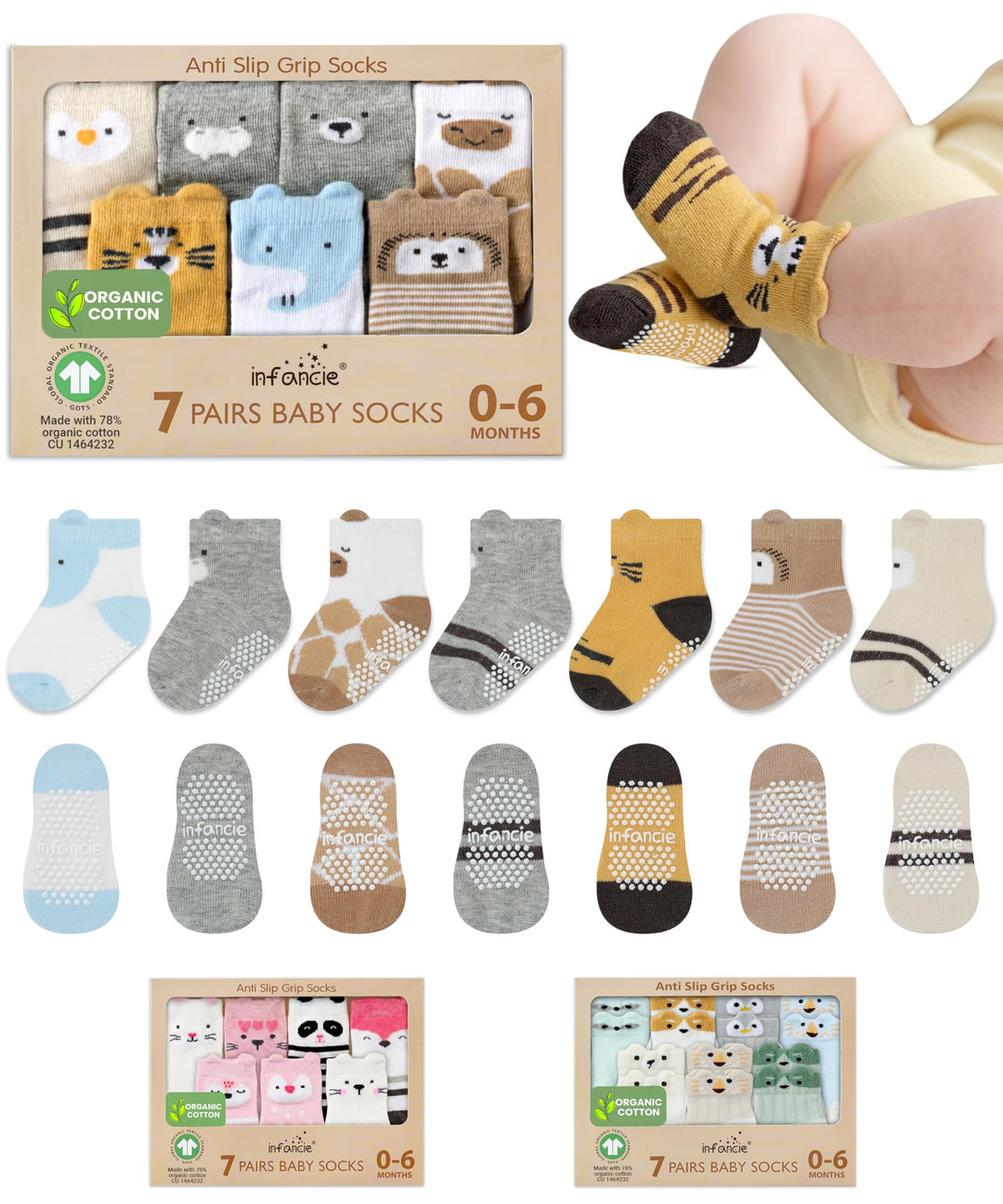 Organic Cotton GOTS Certified Non-Slip Baby Socks 0-6 Months - 7 Pairs Soft Breathable Newborn Socks Animal Design For Infant