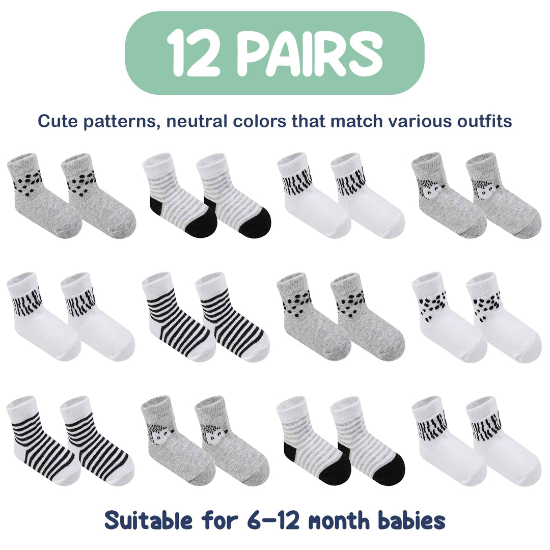 Mother's Choice Organic Cotton Baby Socks 6-12 Months, 12 Pairs Unisex Anti Slip - Soft & Hypoallergenic Baby Girl & Boys Socks (US, Age, 6 Months, 12 Months, Gray - White)