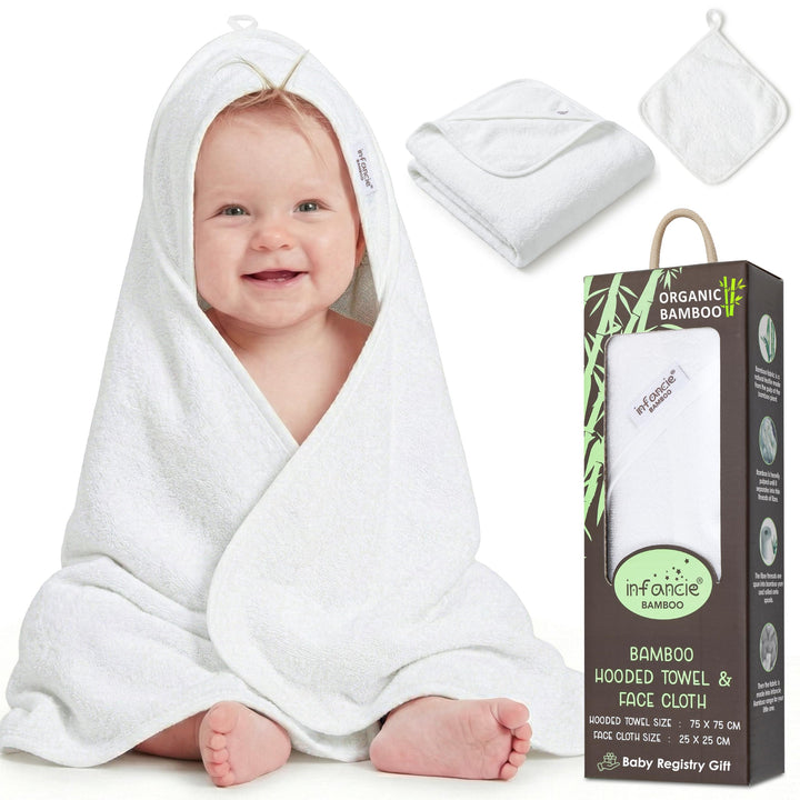 Organic Bamboo Hooded Baby Towels with Washcloths – 1 Hooded Towel (30x30 inches) & 1 Washcloth (10x10 inches) – Ultra Soft, Absorbent & Cozy Bath Towels Set for Newborns and Infants