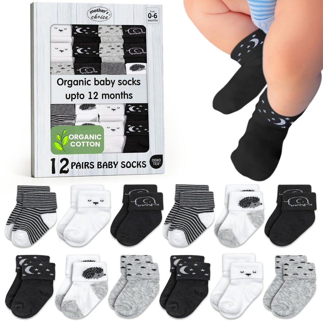 Mother's Choice Organic Cotton Baby Socks Infant 0-6 Months - 12 pairs Soft, Cozy, and Gentle Newborn Socks for Girls & Boys, Perfect Baby Registry for Everyday Wear, and Infant Comfort