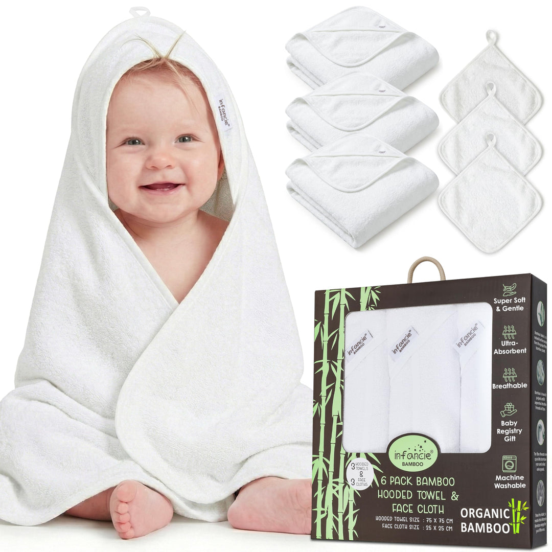 Organic Bamboo Hooded Baby Towels with Washcloths – 1 Hooded Towel (30x30 inches) & 1 Washcloth (10x10 inches) – Ultra Soft, Absorbent & Cozy Bath Towels Set for Newborns and Infants