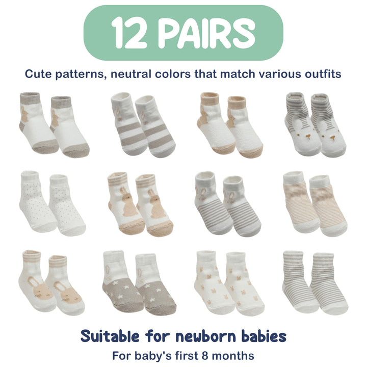 Mother's Choice Organic Cotton Baby Socks 0-6 Months, 12 Pairs Unisex - Soft & Hypoallergenic Baby Girl & Boys Socks (US, Age, 0 Months, 6 Months, Brown,Gray,White)