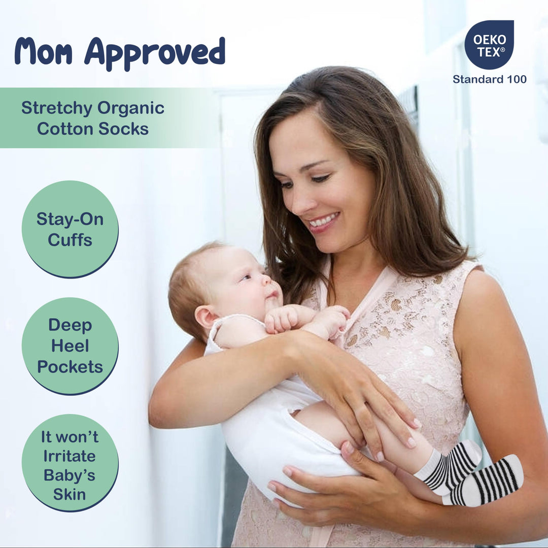 Mother's Choice Organic Cotton Baby Socks, 12 Pairs, Unisex 0-6 Months - Soft, Hypoallergenic Newborn & Infant Socks - Baby Girl & Boy Gifts, (12Pcs, Gray - White)