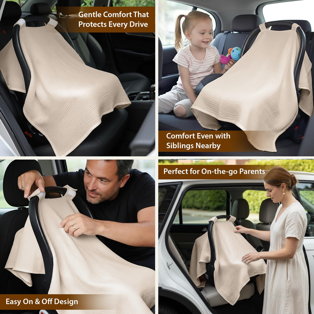 100% Organic Muslin Cotton Car Seat Cover 35 x 50 Inches Soft Touch Breathable Canopy, Protective Car Seat Cover Baby All Seasons Lightweight Car Seat Cover Travel Comfort (Ivory)
