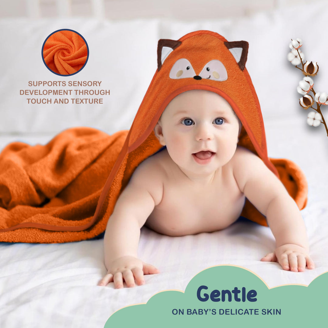 Mother's Choice Organic Baby Hooded Towel Ultra Soft & Absorbent Bath Wearable for Newborns, Infants, 3D Orange Fox Design
