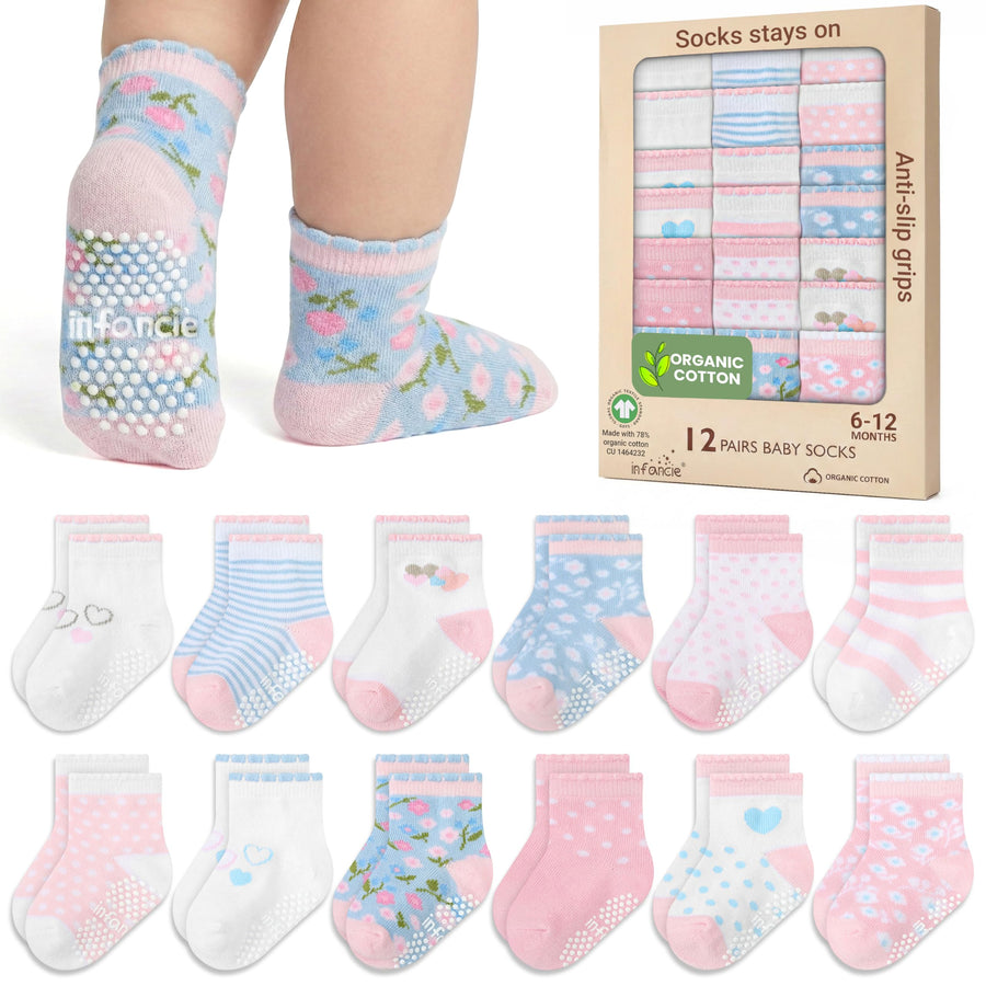 GOTS Certified Organic Cotton Rich Blend Baby Socks 12 Pairs For 0 - 6 (M) Baby Girl Soft, Stretchable & Comfortable Girl newborn Socks, Adorable Sock Shoes For Baby Girl, Gift For Little, Pink