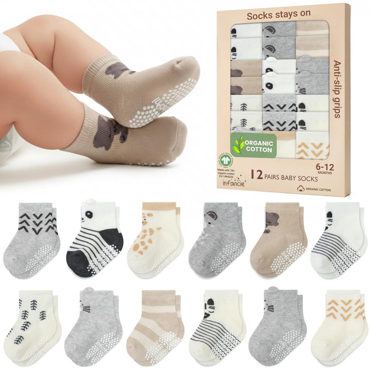 GOTS Certified Organic Cotton Rich Blend Baby Socks - 12 Pairs (6-12 Months)