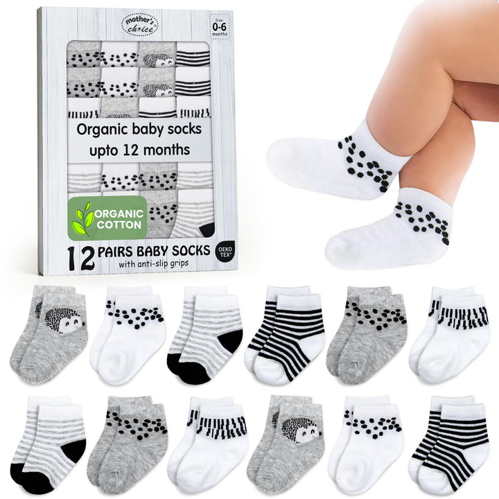 Mother's Choice Organic Cotton Baby Socks Infant 0-6 Months - 12 pairs Soft, Cozy, and Gentle Newborn Socks for Girls & Boys, Perfect Baby Registry for Everyday Wear, and Infant Comfort