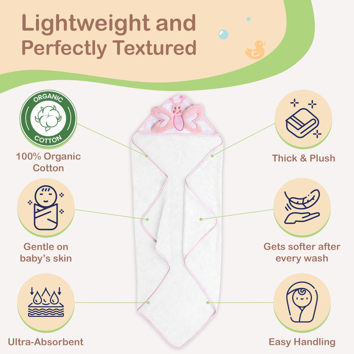Mother's Choice Baby Towels 100% Organic Cotton Butterfly Hooded Design, Oeko-TEX Certified, Ultra-Soft Absorbent Hooded Bath Towel for Newborn Girls, (Butterfly)