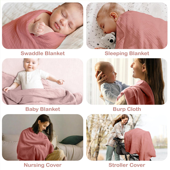 Organic Muslin Baby Blanket 2-Pack Rose & Peach, 47x47 Inch 100% Organic Cotton Oeko-TEX Certified Hypoallergenic Swaddle Blanket for Newborn Girls, Elegant Baby Girl Shower Gift
