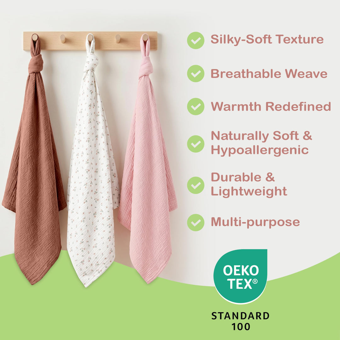 Organic Muslin Baby Blanket 2-Pack Rose & Peach, 47x47 Inch 100% Organic Cotton Oeko-TEX Certified Hypoallergenic Swaddle Blanket for Newborn Girls, Elegant Baby Girl Shower Gift