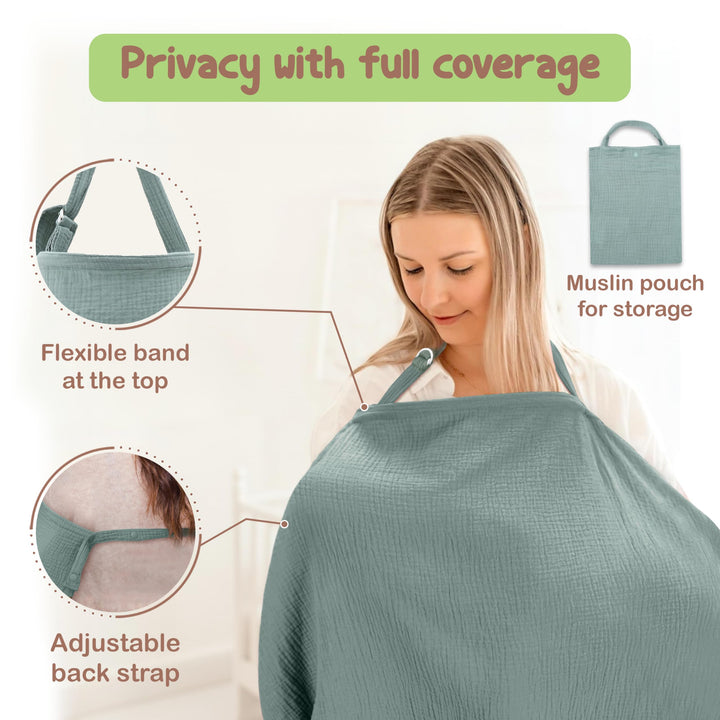 100% Organic Cotton Nursing Cover & Shawl - 43 x 28 Inch Breathable Muslin Breastfeeding Nursing Apron Cover with Arch Neckline for Mothers, Multi-use Carseat Canopy