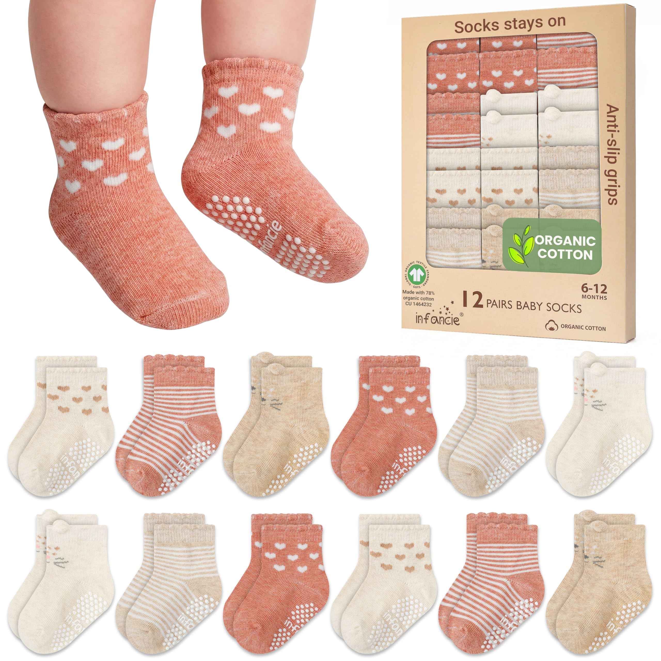 GOTS Certified Organic Cotton Rich Blend Baby Socks - 12 Pairs (6-12 Months)