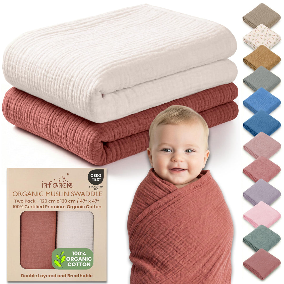 Organic Muslin Baby Blanket 2-Pack Rose & Peach, 47x47 Inch 100% Organic Cotton Oeko-TEX Certified Hypoallergenic Swaddle Blanket for Newborn Girls, Elegant Baby Girl Shower Gift