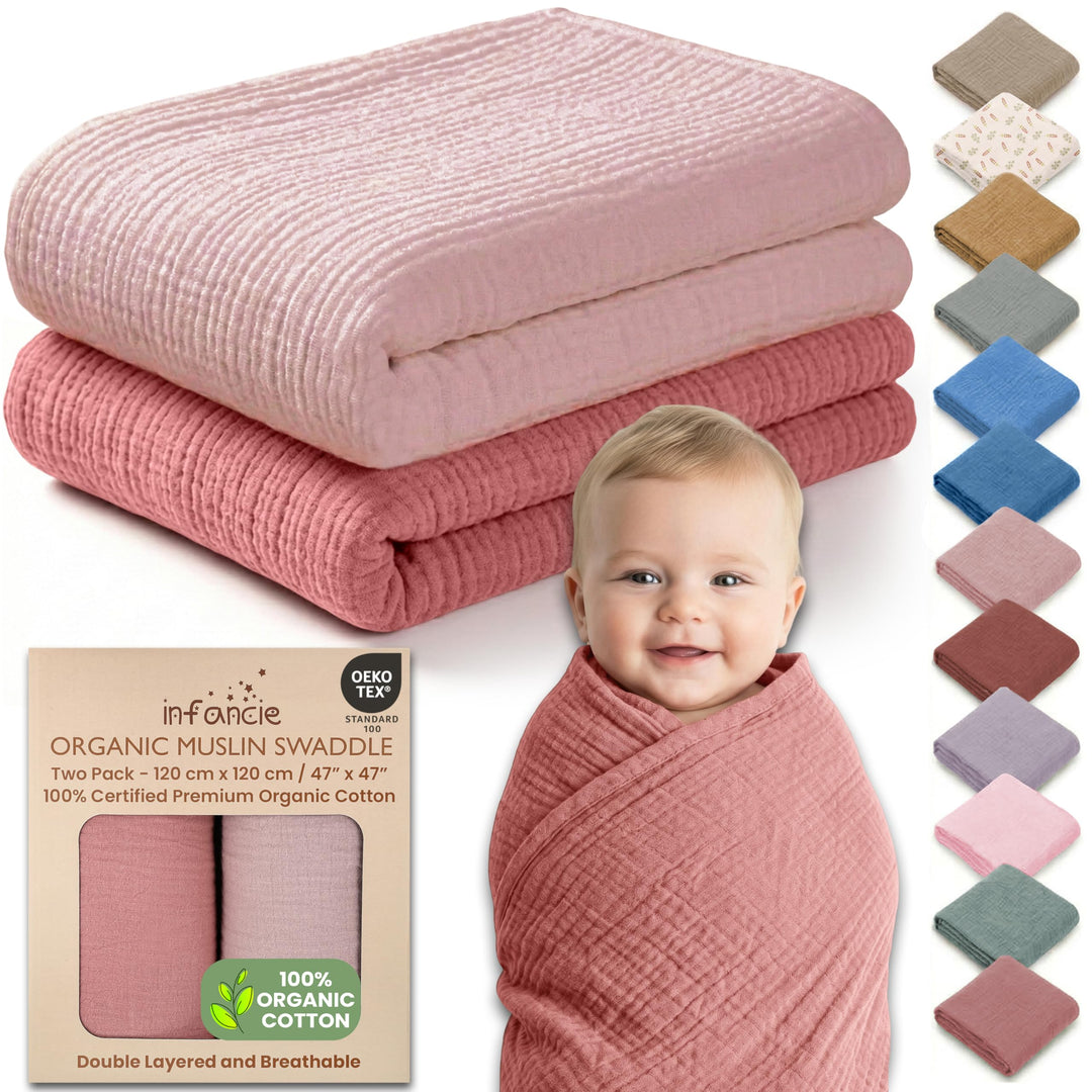 Organic Muslin Baby Blanket 2-Pack Rose & Peach, 47x47 Inch 100% Organic Cotton Oeko-TEX Certified Hypoallergenic Swaddle Blanket for Newborn Girls, Elegant Baby Girl Shower Gift