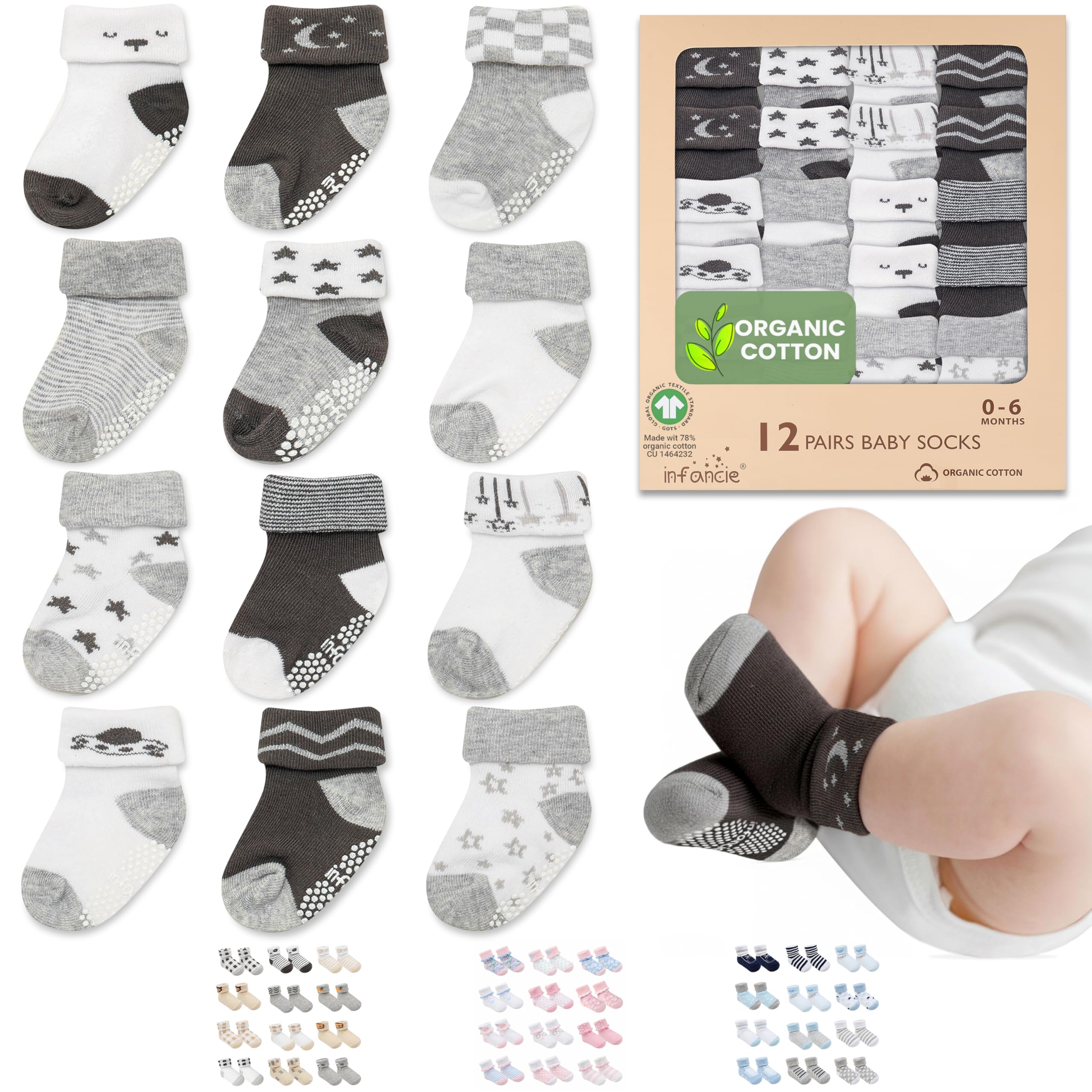 GOTS Certified Organic Cotton Rich Blend Baby Socks - 12 Pairs (6-12 Months)