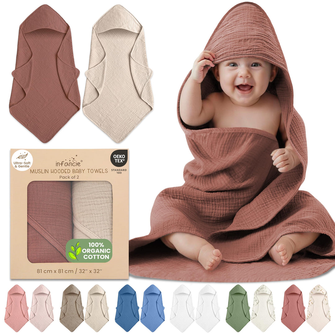 100% Organic Cotton Muslin Baby Hooded Towels 32x32 Inch – 2 Pack Soft & Absorbent Baby Towels for Newborn for Boys & Girls, Premium Hooded Towels, Ultra-Gentle Baby Essentials in Rose/Peach