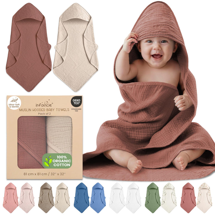 100% Organic Cotton Muslin Baby Hooded Towels 32x32 Inch – 2 Pack Soft & Absorbent Baby Towels for Newborn for Boys & Girls, Premium Hooded Towels, Ultra-Gentle Baby Essentials in Rose/Peach