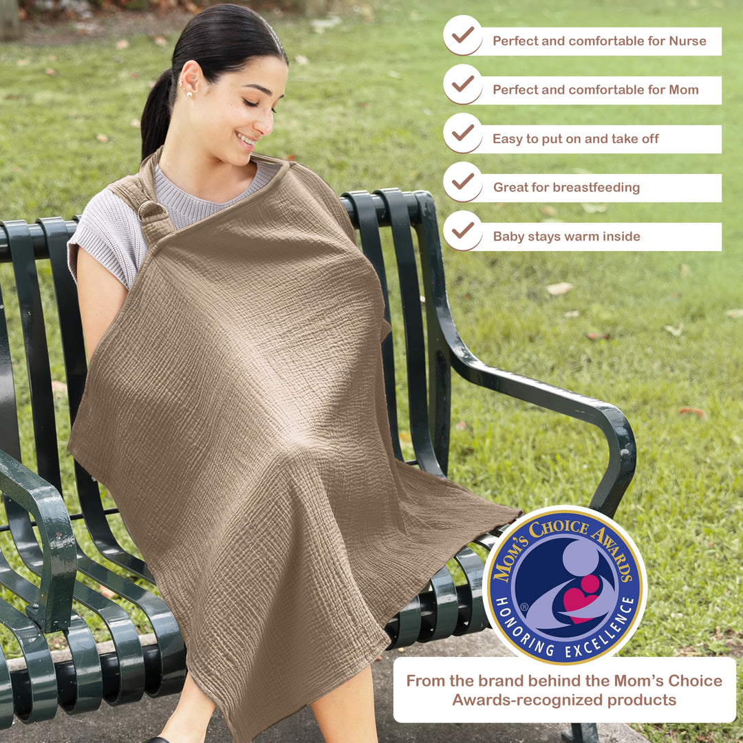 100% Organic Cotton Nursing Cover & Shawl - 43 x 28 Inch Breathable Muslin Breastfeeding Nursing Apron Cover with Arch Neckline for Mothers, Multi-use Carseat Canopy