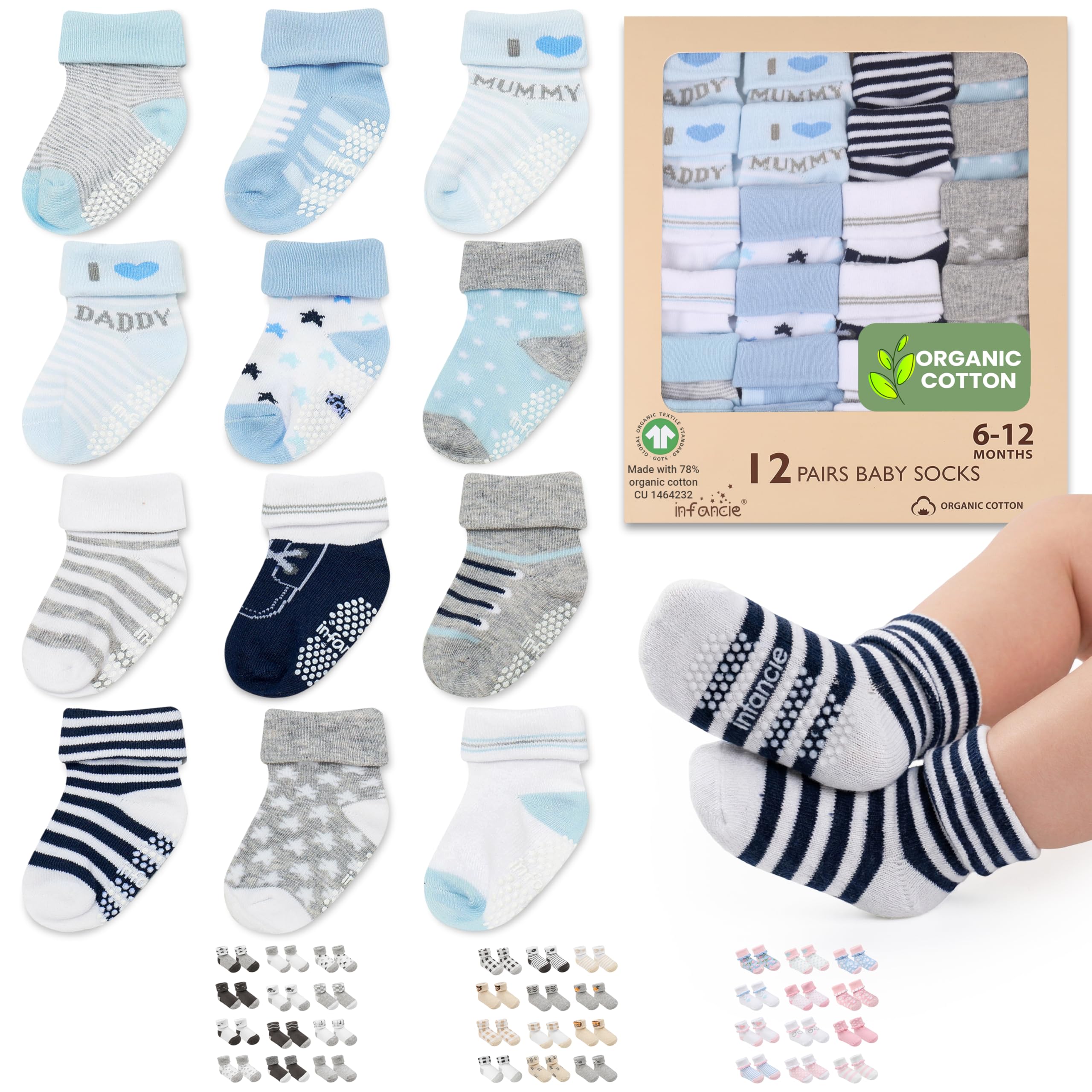 GOTS Certified Organic Cotton Rich Blend Baby Socks - 12 Pairs (6-12 Months)