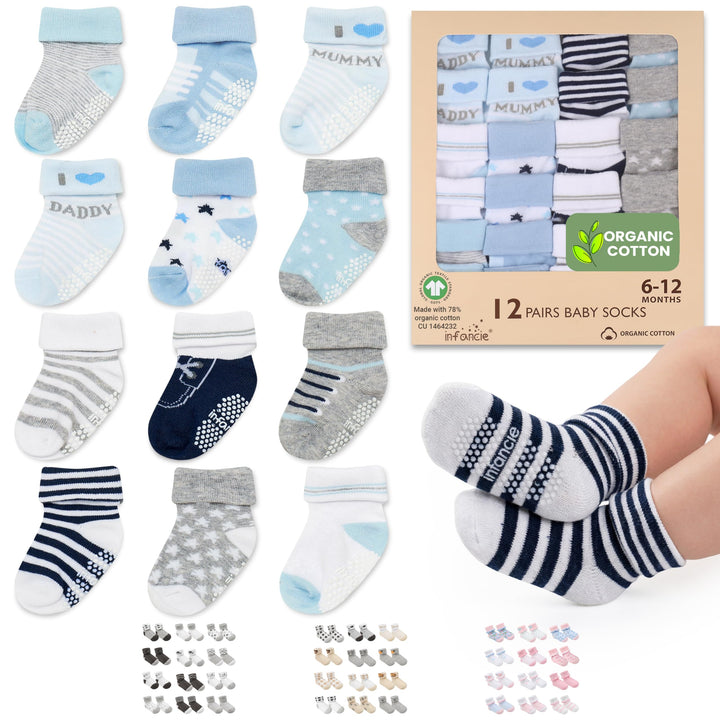 GOTS Certified Organic Cotton Rich Blend Baby Socks 12 Pairs For 0 - 6 (M) Baby Girl Soft, Stretchable & Comfortable Girl newborn Socks, Adorable Sock Shoes For Baby Girl, Gift For Little, Pink