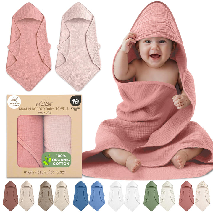 100% Organic Cotton Muslin Baby Hooded Towels 32x32 Inch – 2 Pack Soft & Absorbent Baby Towels for Newborn for Boys & Girls, Premium Hooded Towels, Ultra-Gentle Baby Essentials in Rose/Peach