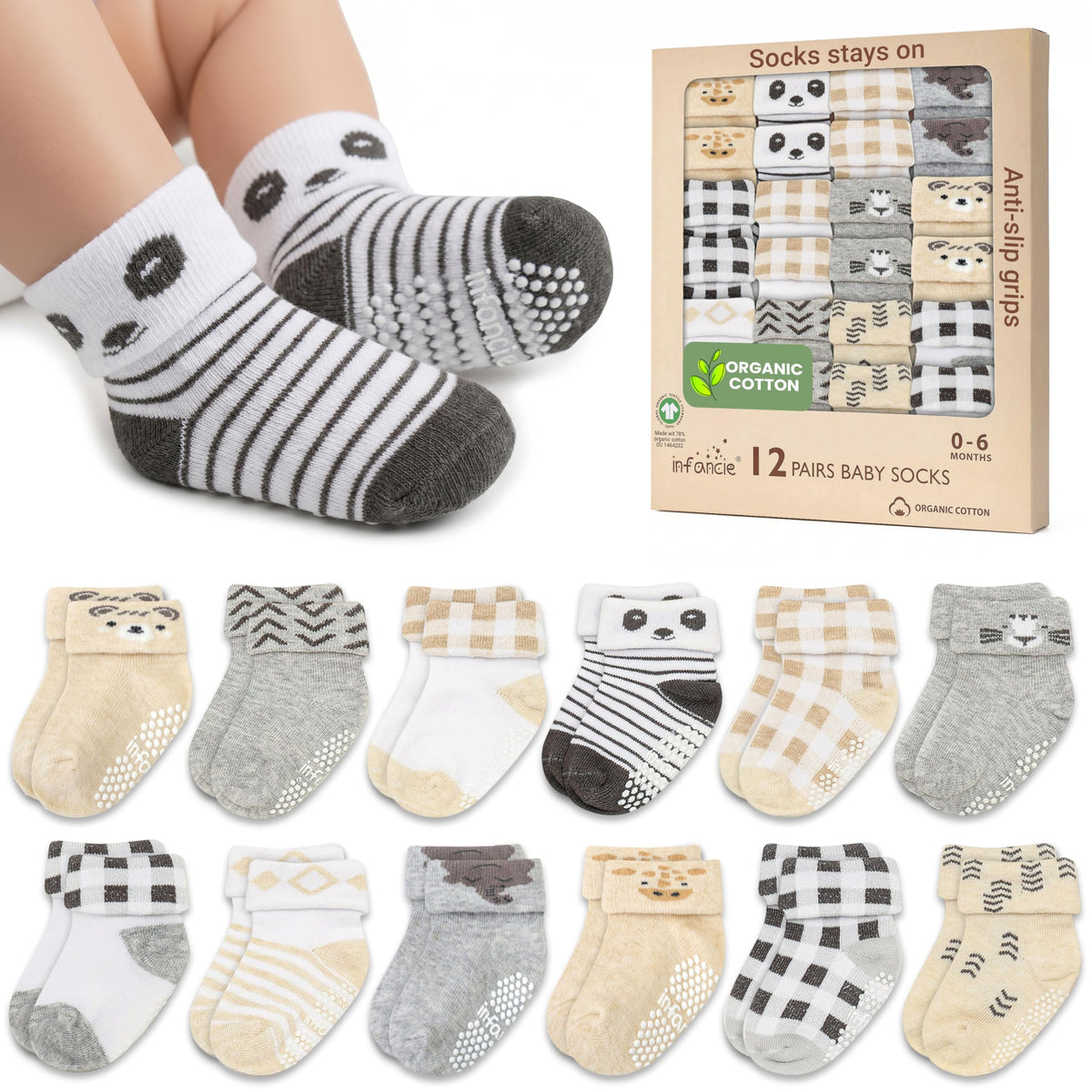 GOTS Certified Organic Cotton Rich Blend Baby Socks - 12 Pairs (6-12 Months)
