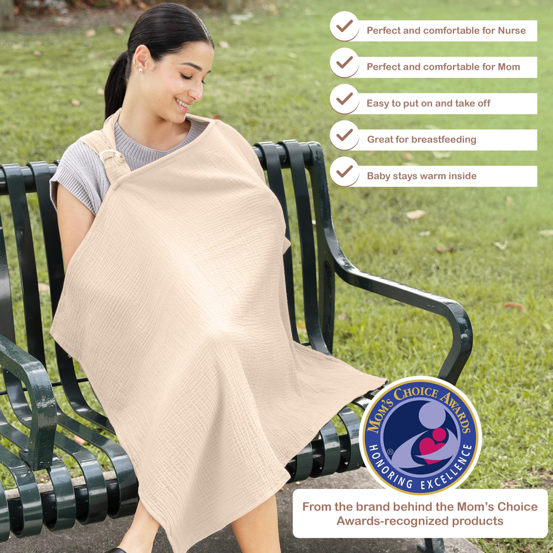 100% Organic Cotton Nursing Cover & Shawl - 43 x 28 Inch Breathable Muslin Breastfeeding Nursing Apron Cover with Arch Neckline for Mothers, Multi-use Carseat Canopy