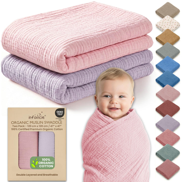 Organic Muslin Baby Blanket 2-Pack Rose & Peach, 47x47 Inch 100% Organic Cotton Oeko-TEX Certified Hypoallergenic Swaddle Blanket for Newborn Girls, Elegant Baby Girl Shower Gift
