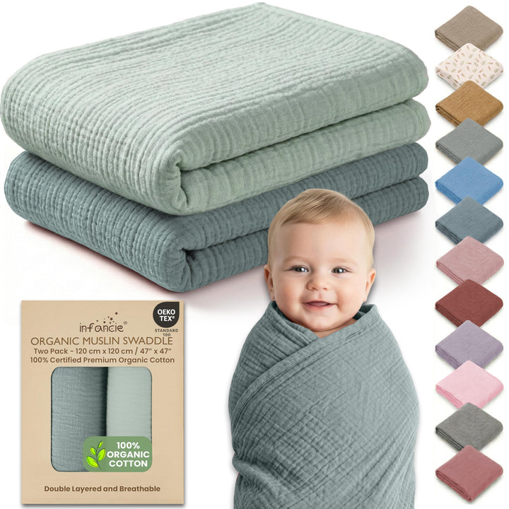 Organic Muslin Baby Blanket 2-Pack Rose & Peach, 47x47 Inch 100% Organic Cotton Oeko-TEX Certified Hypoallergenic Swaddle Blanket for Newborn Girls, Elegant Baby Girl Shower Gift
