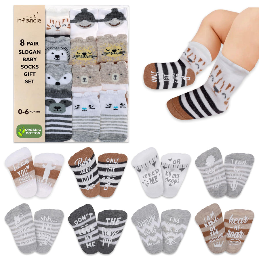 Organic Cotton Baby Socks with Gripper 0-6 Months | 8 Pairs