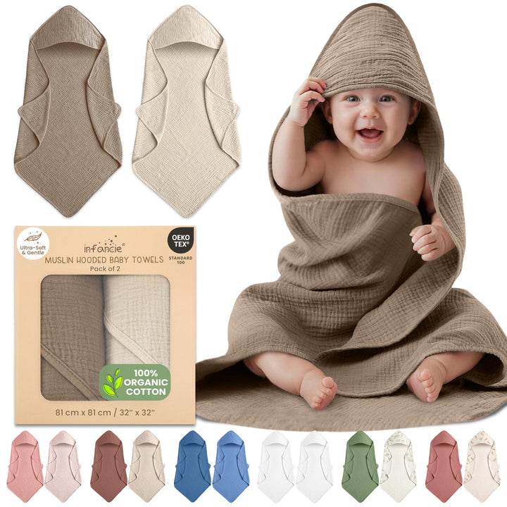 100% Organic Cotton Muslin Baby Hooded Towels 32x32 Inch – 2 Pack Soft & Absorbent Baby Towels for Newborn for Boys & Girls, Premium Hooded Towels, Ultra-Gentle Baby Essentials in Rose/Peach