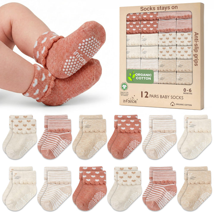 GOTS Certified Organic Cotton Rich Blend Baby Socks 12 Pairs For 0 - 6 (M) Baby Girl Soft, Stretchable & Comfortable Girl newborn Socks, Adorable Sock Shoes For Baby Girl, Gift For Little, Pink
