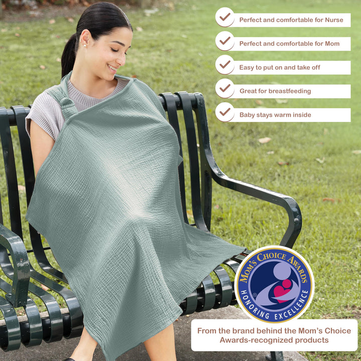 100% Organic Cotton Nursing Cover & Shawl - 43 x 28 Inch Breathable Muslin Breastfeeding Nursing Apron Cover with Arch Neckline for Mothers, Multi-use Carseat Canopy